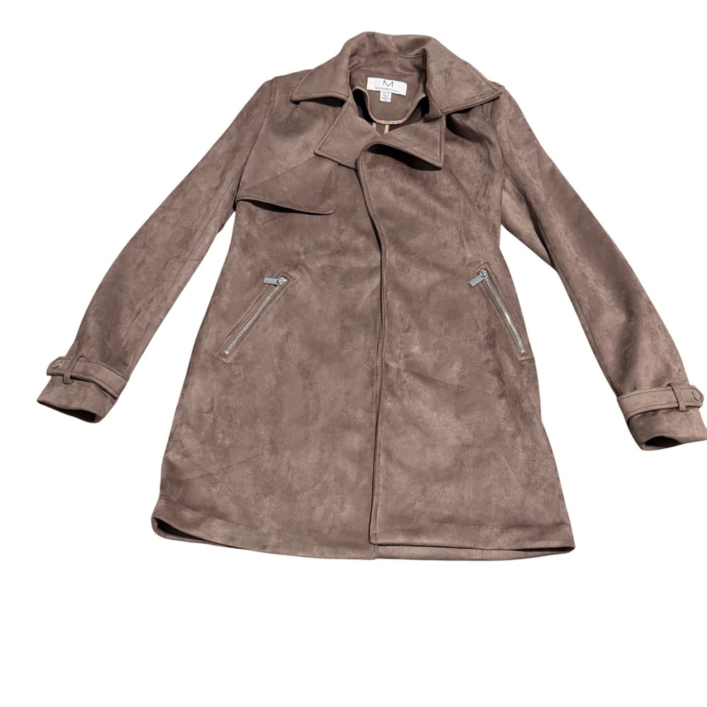 M Magaschoni Taupe Faux Suede Trench Coat Women XS Brown Faux Leather Jacket